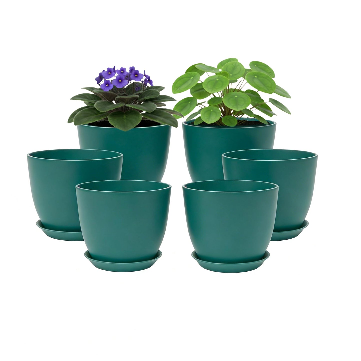 Vanslogreen Plant Pots 8 Inch Set of 6, Flower Pots with Drainage Holes and Saucer, Plastic Garden Planters for Indoor & Outdoor Plants (Deep Green)