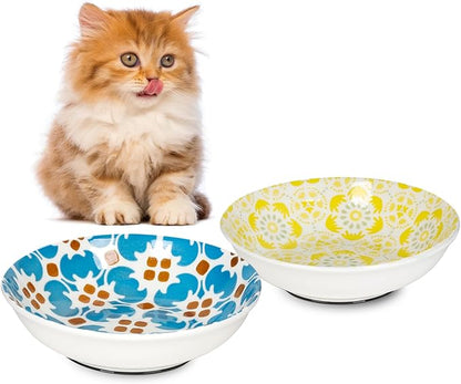 HAPPY KIT Ceramic Cat Bowls for Food 2pcs,5.75 inch with Non-Slip Silicone Bottom for Indoor, 8.5oz Cat Dish/Dishes,Wide Shallow Whisker Friendly