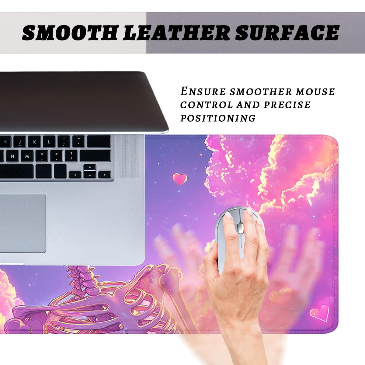 Cute Cartoon Skeleton Gaming Mouse Pad Pink and Purple Cloud Extended Mousepad Waterproof Stitched Edges Rubber Base Non-Slip Deskpad Computer Keyboard Mat 31.5"x11.8"