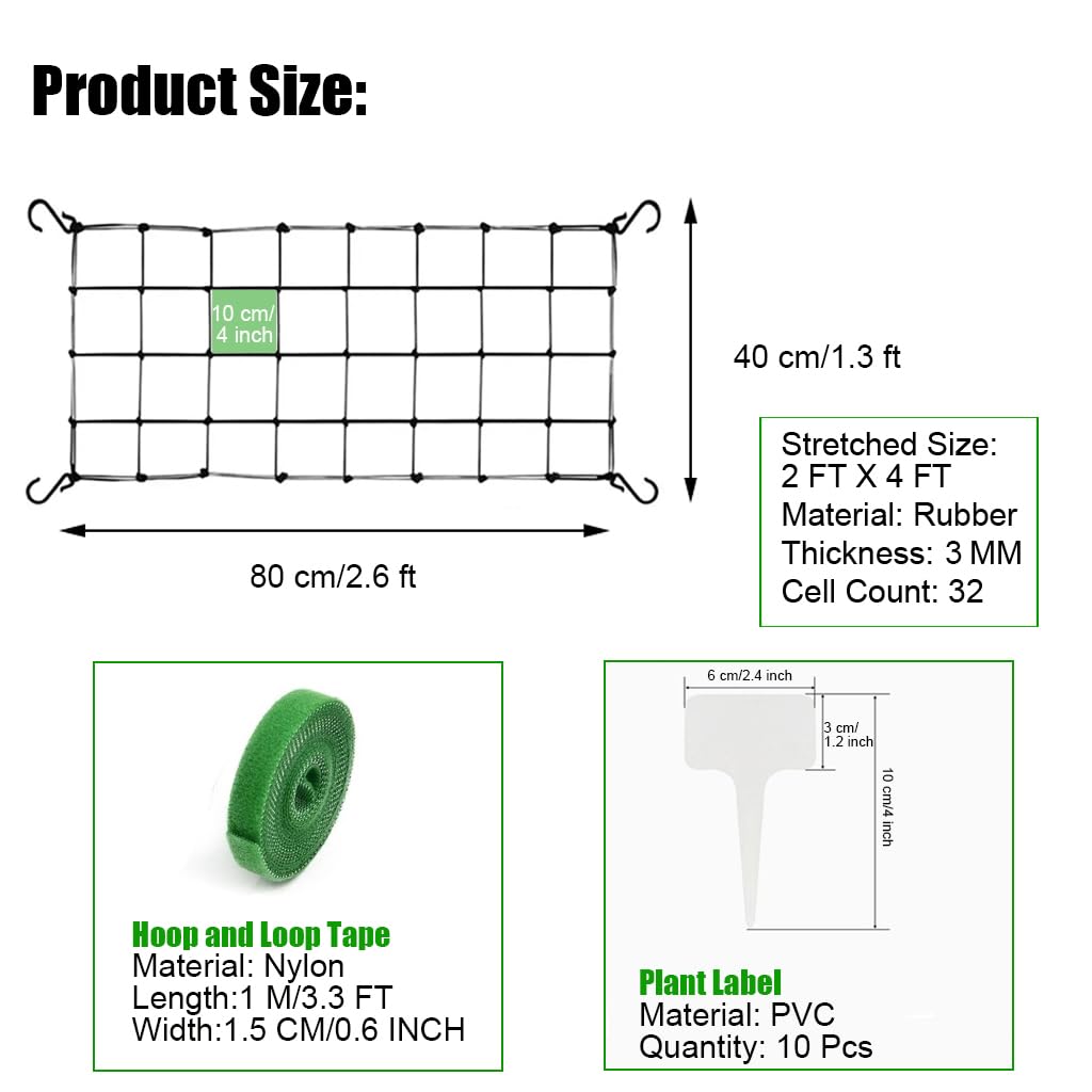 2 Pcs Scrog Net 2x4 FT Trellis Net for Grow Tent Elastic Trellis Netting with Hooks, Loop Tape, Garden Label for Indoor Plant Growing Tents Garden Plant Climbing Plants Support