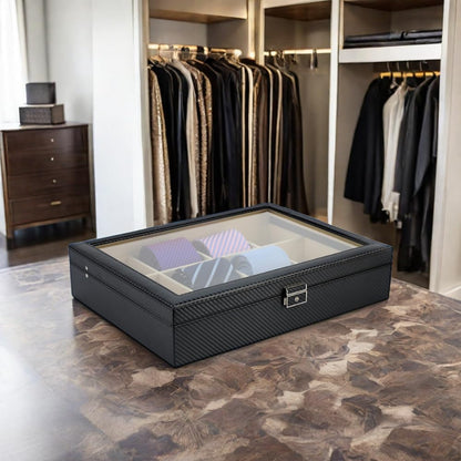 TIMELYBUYS Tie Display Case for 12 Ties, Belts, and Men's Accessories Black Carbon Fiber Storage Box Father's Day