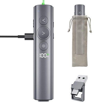Rechargeable Presentation Clicker with Green Laser Pointer for PowerPoint, Power Display Wireless Presenter Remote with USB-A & USB-C Dongle, Slide Advancer for Mac, Windows, Laptop, Classroom, Office