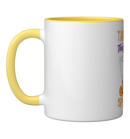 Thick Thighs And Spooky Vibes Funny Halloween Skeleton Scary Ceramic Mug, Yellow/White