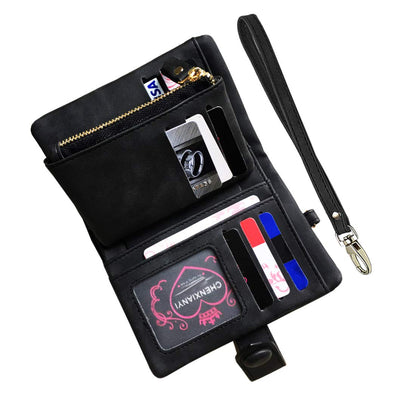 AOXONEL Women's Small Bifold Leather wallet Rfid blocking Ladies Wristlet with Card holder id window Coin Purse (Black)