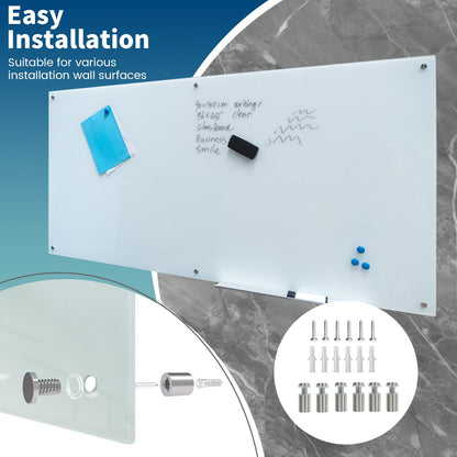 Magnetic Glass Writeboard Tempered Glass Dry Erase Boards Wall Mounted Frameless Whiteboard Bulletin Message Boards (White, 72" Wx36 H)