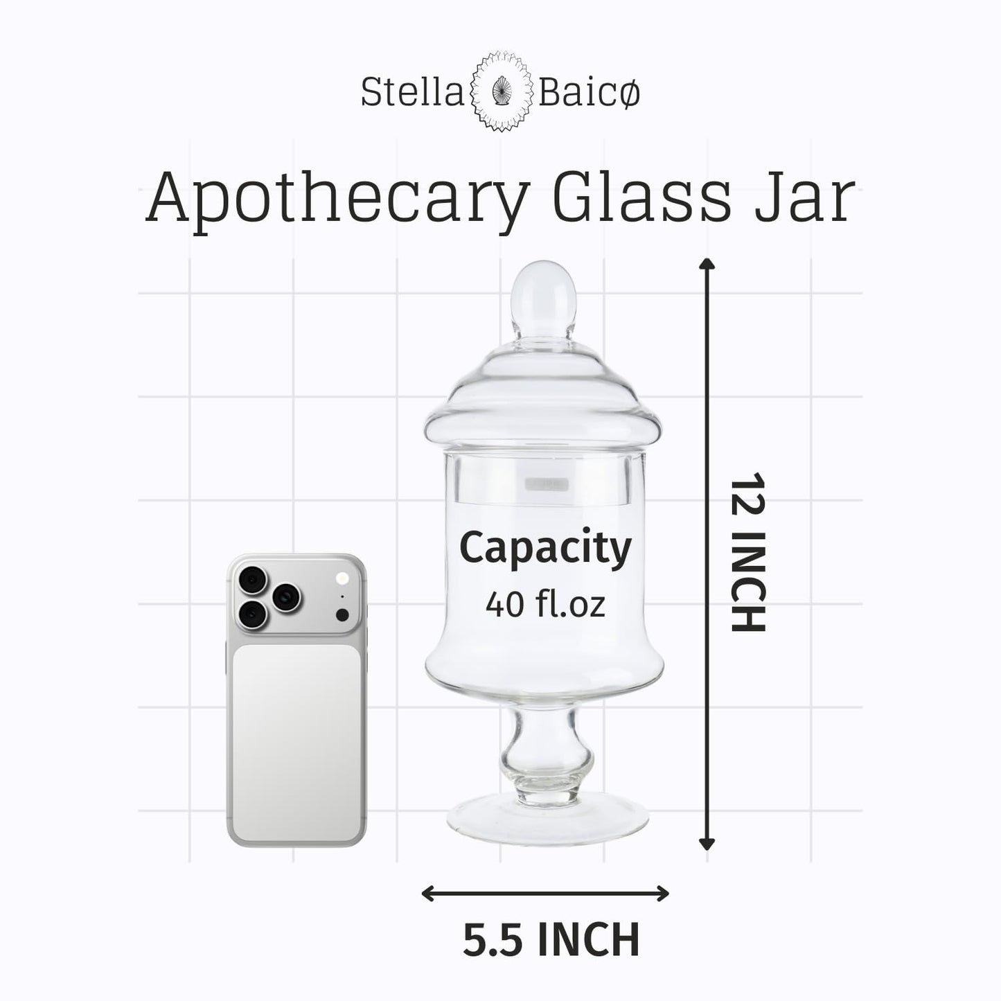 Stella Baic Clear Glass Apothecary Jar, Glass Candy Jar with Lid, Classic Footed Glass Jar, Elegant Decorative Jar (Height: 12", Diameter: 6")