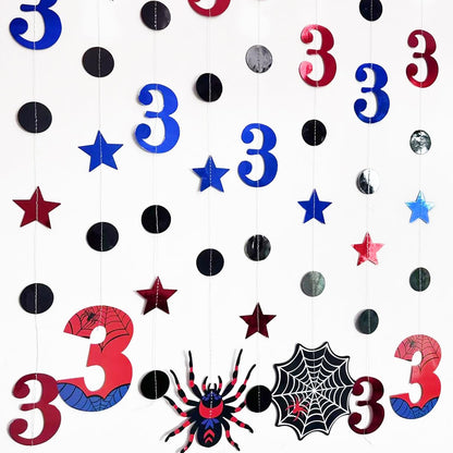 42Ft Spider 3rd Birthday Party Decorations Red Blue Stars and Black Spider Web Garland Streamer for Kids Boys 3rd Cartoon Spiders Birthday Super Heros Baby Shower Cartoon Bday Party Decor Supplies
