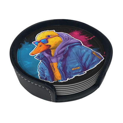 BOXIMIAO Drink Coasters with Holder Stand Set of 6, Cute Cyberpunk Duck Pu Leather Absorbent Coasters with Cork Base Table Coaster Round Coasters for Housewarming Apartment Kitchen Bar Decor