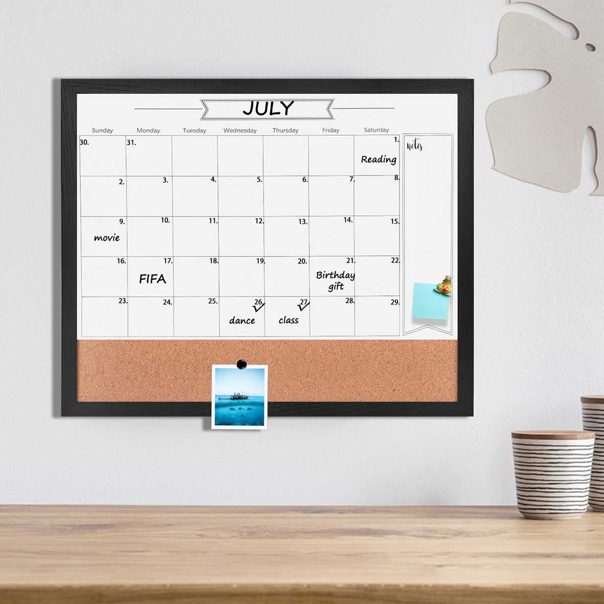 Dry Erase Calendar Whiteboard for Wall, Combination Magnetic Dry Erase White Board & Bulletin Board, 23.6" x 31.5" Wood Framed Calendar/Cork Combo Board(BK-6080)