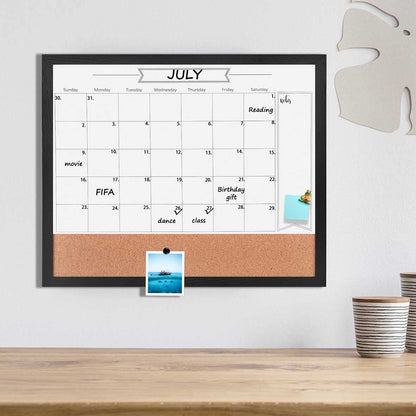 Dry Erase Calendar Whiteboard for Wall, Combination Magnetic Dry Erase White Board & Bulletin Board, 23.6" x 31.5" Wood Framed Calendar/Cork Combo Board(BK-6080)