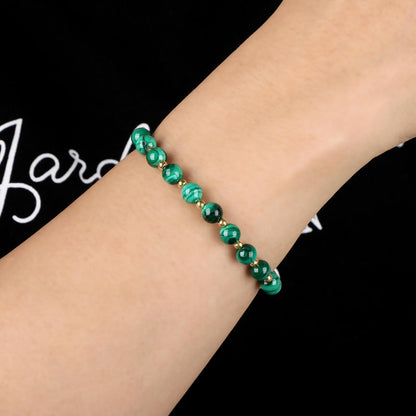 QOGIR Malachite - Transformation - 14K Gold Plated Beads Natural Gemstone Stretch Elastic Dainty Healing Beaded Bracelets Gifts 6mm
