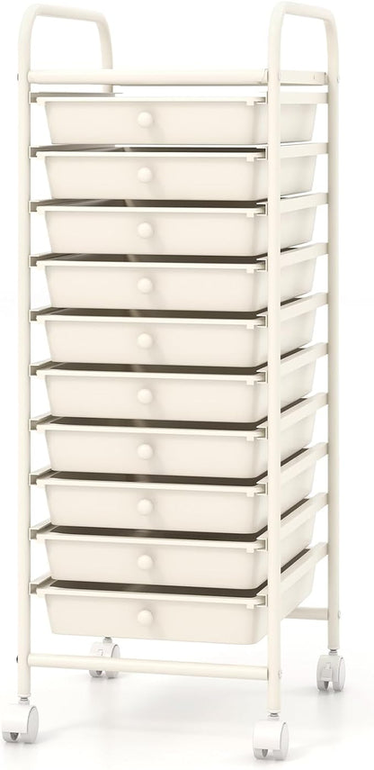 Giantex 10-Drawer Storage Cart w/Universal Wheel, Rolling Cart w/Handle, Home Organizer Storage Unit w/Removable Drawers, Trolley Utility Cart for Kitchen Makeup Living Room Office Play Room, Ivory
