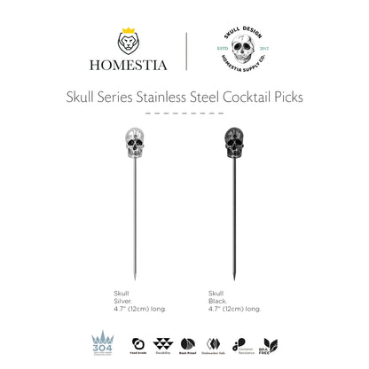 Homestia 6PCS Stainless Steel Skull Cocktail Picks 4.7", Gothic Martini Skewers Set, Reusable Silver Skull Drink Picks for Cocktails Olives Appetizers Halloween Party Holiday Supplies