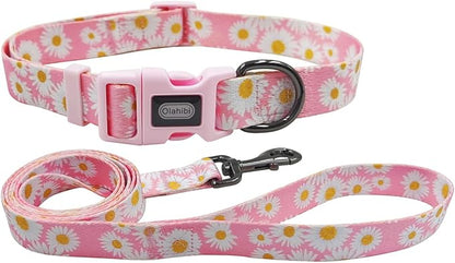 Dog Collar Leash Set, Floral Pattern, Polyester Material, Adjustable Collar and 5ft Matchcing Leash, for Small Dogs.(S, Light Pink Daisy)