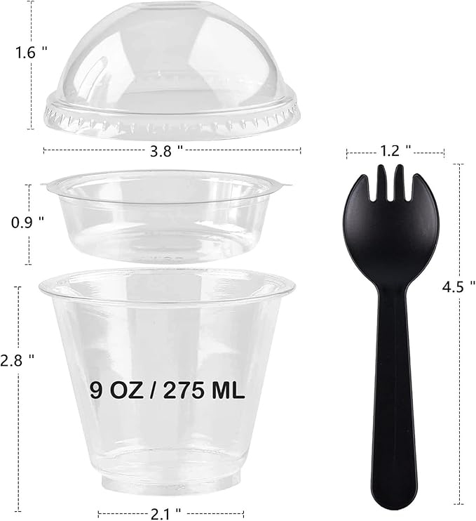 Zezzxu 50 Pack 9 oz Disposable Parfait Cups with Dome Lids No Hole, Toppings Compartment and Spork, Yogurt Conatiner with Granola Holder for Take Away Breakfast and Snacks, No Leaking