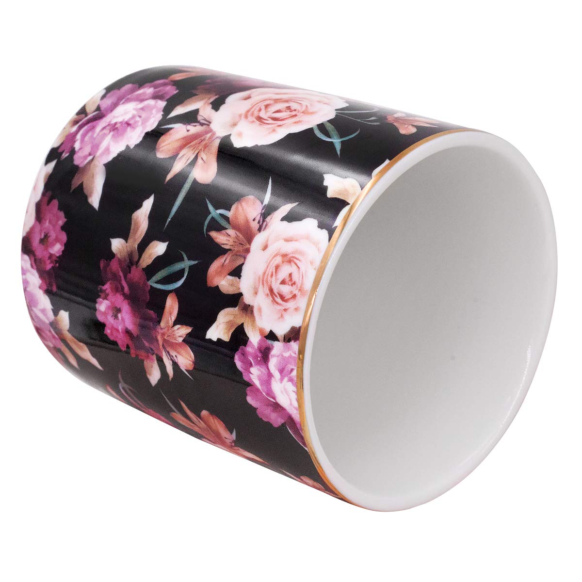 WAVEYU Pen Holder for Desk, Pencil Cup Holder, Cute Floral Makeup Brush Holder Durable Ceramic Flower Design Desk Pencil Organizer for Office, Classroom, Black