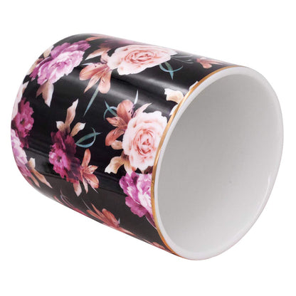 WAVEYU Pen Holder for Desk, Pencil Cup Holder, Cute Floral Makeup Brush Holder Durable Ceramic Flower Design Desk Pencil Organizer for Office, Classroom, Black