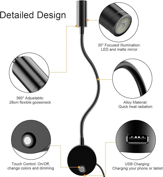 Wall Mounted LED Reading Light with 15" Flexible Gooseneck, Dimmable Book Light for Reading In Bed with USB Charging Port, Plug In Headboard Night Lights, 3 Colors Temperature, Touch Control-2 Pack
