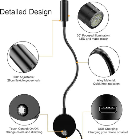 Wall Mounted LED Reading Light with 15" Flexible Gooseneck, Dimmable Book Light for Reading In Bed with USB Charging Port, Plug In Headboard Night Lights, 3 Colors Temperature, Touch Control-2 Pack
