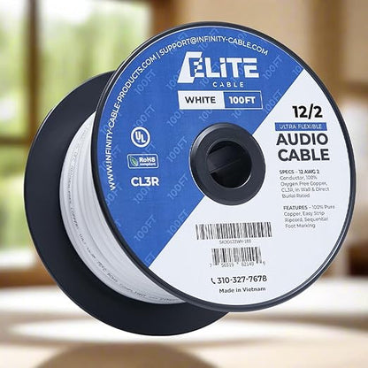Elite 12/2 Speaker Wire 100ft, UL Listed, CMR/CL3R, (Riser/in-Wall & Outdoor/In-Ground (Direct Burial)- 100% Oxygen Free Pure Bare Copper (OFC), 12AWG/2-Conductor, 100ft Bulk Cable (65 Strands) White