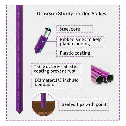 NO Splicing - 5ft Tall Tomato Cage 6-Pack Large Tomato Stakes Garden Plant Stakes Climbing Suports, 40 Clips and Plant Ties Include, Purple