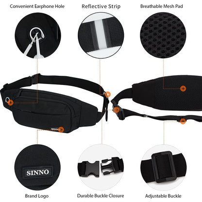 SINNO Black Fanny Packs for Women Men Fashionable Waterproof Belt Bag Gifts for Running Sport Workout Hiking Travel Crossbody Plus Size Waist Pack Phone Bag Wallets Purse Carrying All Phones