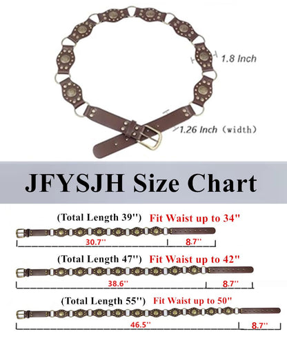 JFYSJH Brown Western Belts for Women Cowgirl Y2K Studded Leather Concho Chain Belt Wide Boho Disc Vintage Country Belts for Dresses Jeans, Fit Waist 38" to 42"
