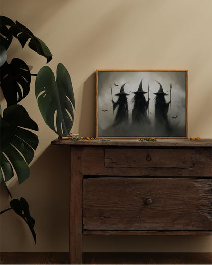 ARPEOTCY Framed Canvas Wall Art, 16x12 Inch Three Witches Print for Halloween Wall Art, Witchcore Gothic decor for Bedroom, Living Room, or Haunted Entryway