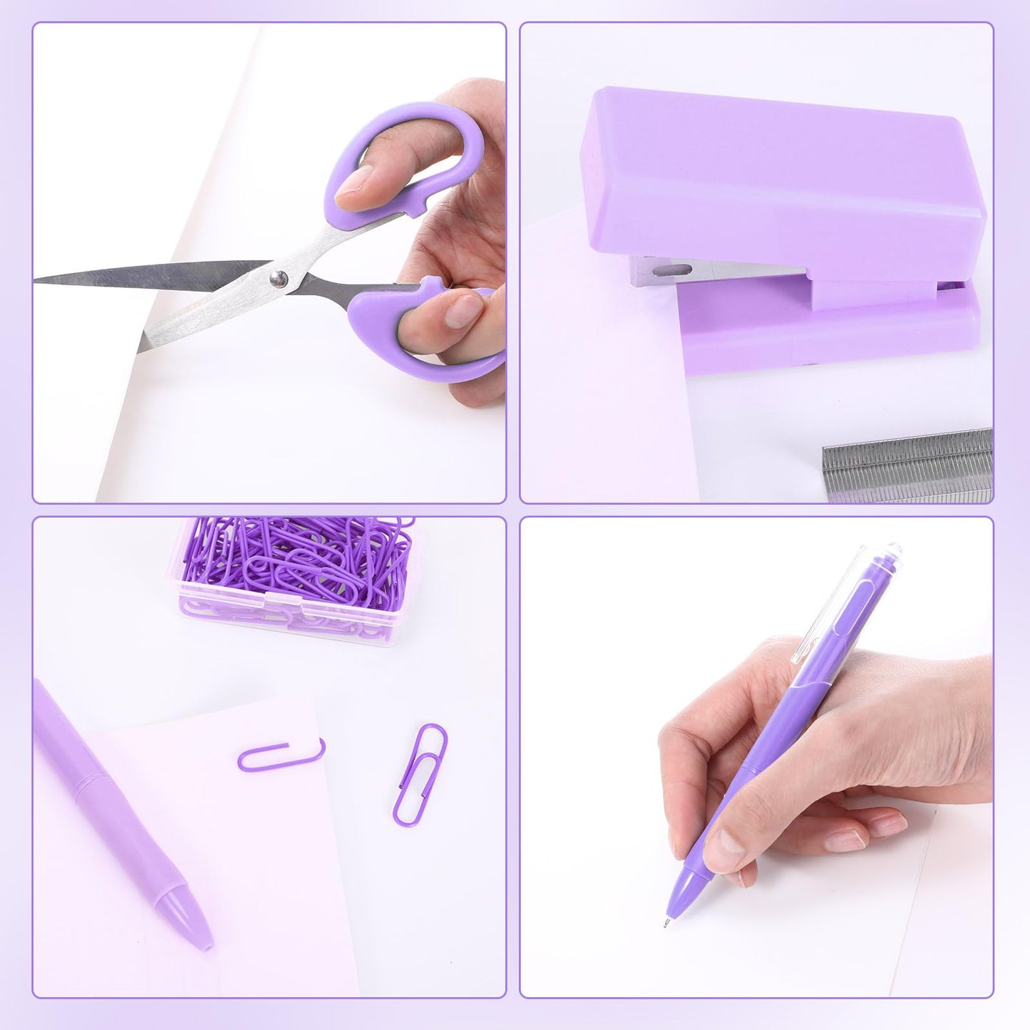 Humyoun Mini Purple Office Supplies Kit Purple School Supplies Christmas Gift Desk Accessories with Gel Pens Sticky Notes Stapler Scissor Paper Clips Index Tabs Box Cutter for Christmas Gifts Office