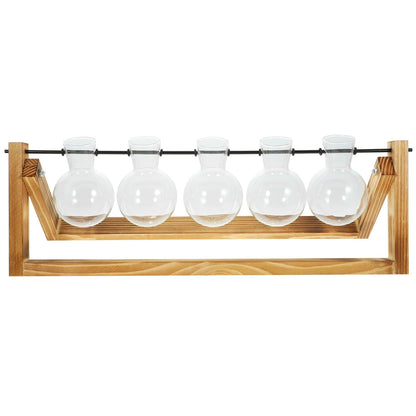 Toyvian Glass Propagation Vases Set of 5 with Wooden Stand, Glass Containers for Hydroponic Plants and Desktop Greenery Decoration, Indoor Plant Terrarium Station for Home Garden