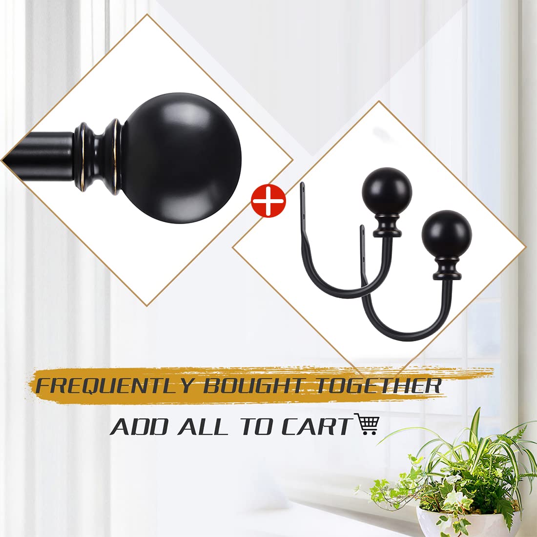 KAMANINA Curtain Holdbacks, Black Curtain Tiebacks Wall Mounted with Round Finials, Metal Curtain Pull Backs with Screws, Decorative Curtain Hooks for Drapes Bedroom (1 Pair/2 Pack, Small)