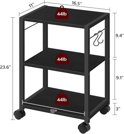 MAHANCRIS Printer Stand, 3-Tier Under Desk Rolling Cart with Storage Shelf, Heavy Duty Printer Table with Wheels for Home Office, Printer Shelf with 2 Hooks, for Small Spaces, Black PTHB4001V
