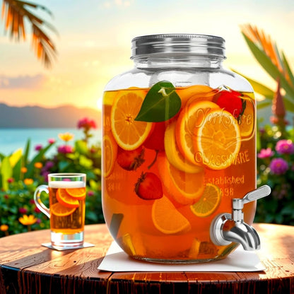 1 Gallon Glass Beverage Dispenser with Lid, Stainless Steel Spigot, Glass Drink Dispensers for Parties, Lemonade Dispenser With Ice Cylinder for Weddings, Party,Sun Tea Jar, Water Juice Dispensers