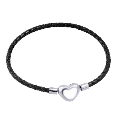 555Jewelry Stainless Steel Heart Charm Bracelet, Black Bracelet for Women, Braided Leather Charm Bracelet, Black Leather Bracelet for Women - Silver Heart, 6.5 Inch