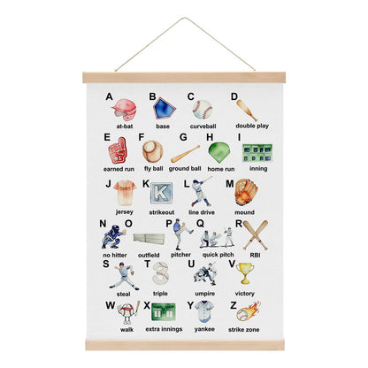 Baseball Alphabet Nursery Wall Art Poster Hanger, Baseball Alphabet Learning Wall Hanging Banner for Boys Room Nursery Playroom Bedroom Classroom