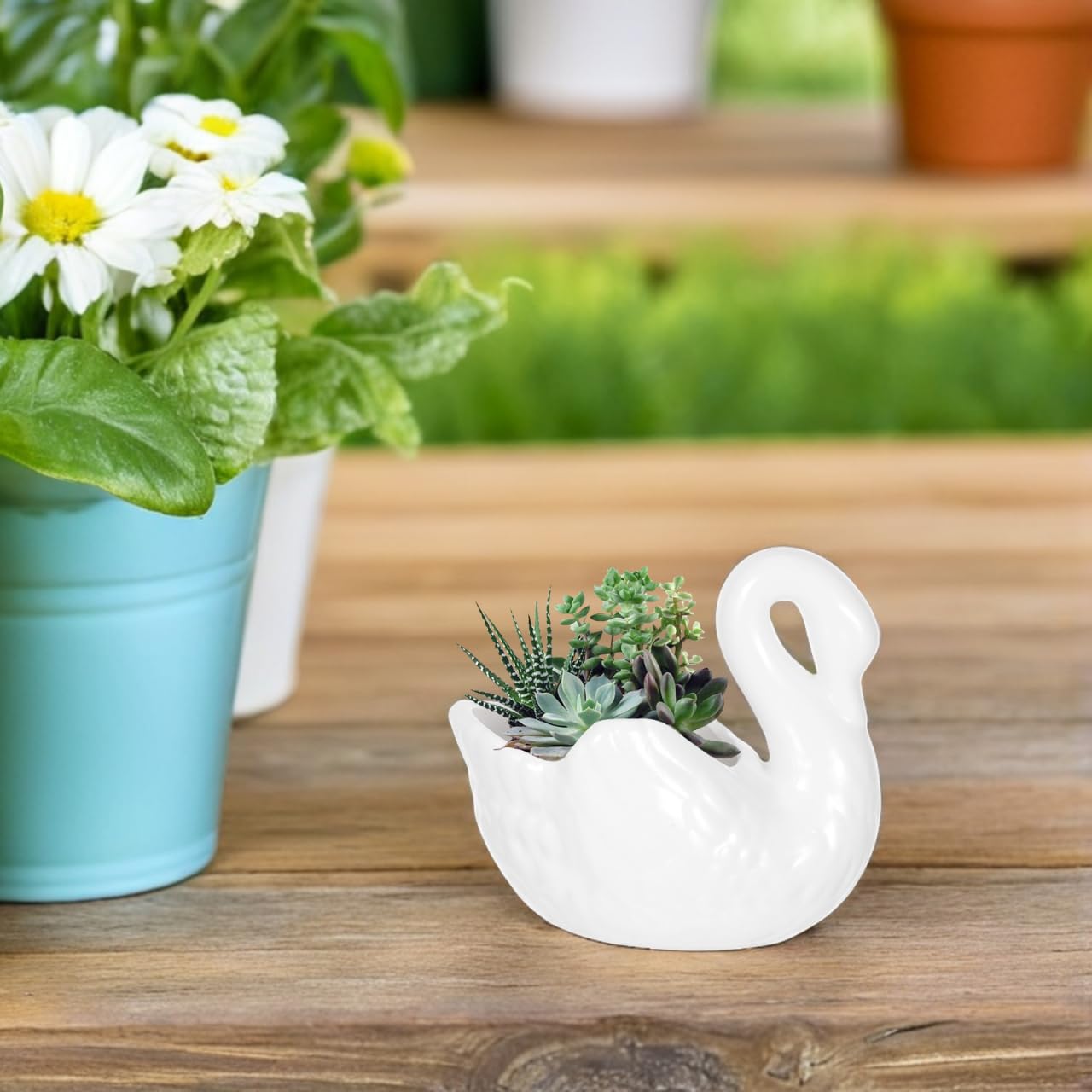 BESTonZON 1Pc Creative Swan Shaped Flower Pot Household Plant Container with Drain for Succulents Cacti for Home Office Garden Decor for Plant