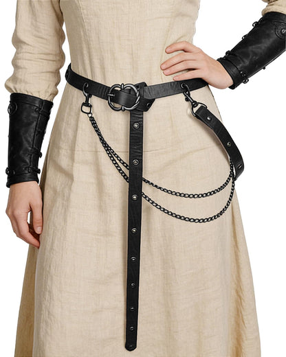 L'VOW Medieval Chain Leather Belt for Women Vintage Thin Belt for Renaissance Dresses Cosplay(StyleB,Black)
