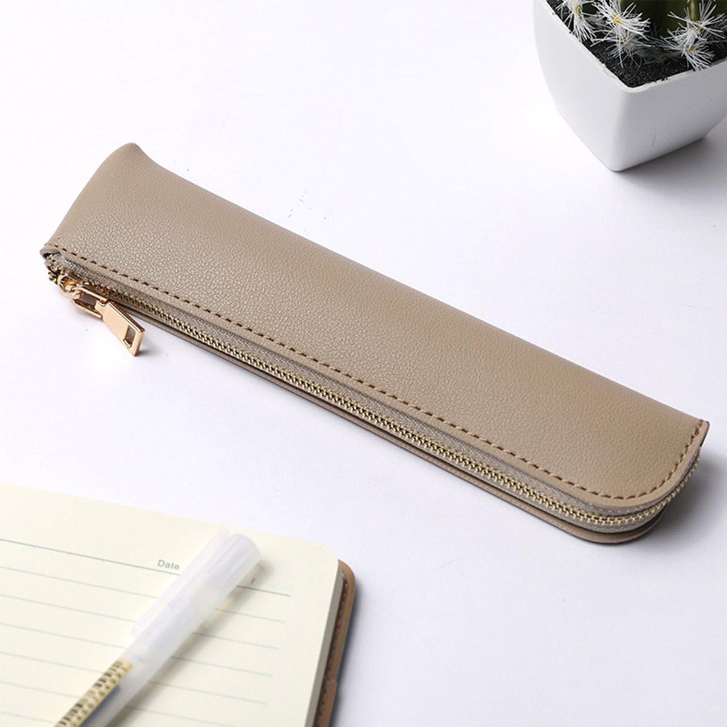YONBEN Faux Leather Pencil Case Small Pencil Pouch Slim Pen Case Holder Zipper Bag for School Office(Beige,Faux Leather)