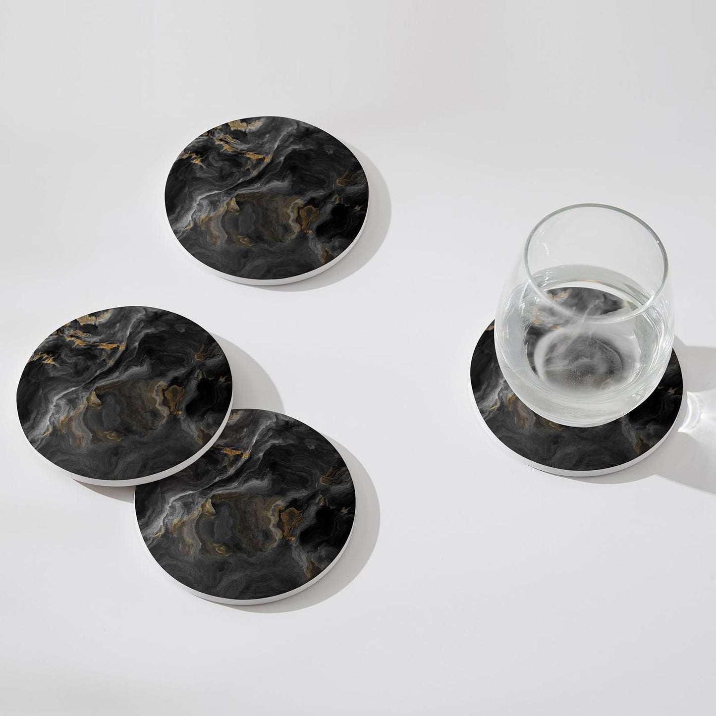Hoomey Set of 6 Abstract Black Marble Coasters with Holder, Absorbent Ceramic Coasters for Drinks, Coasters with Cork Backing for Table Protection, Housewarming Gifts for New Home