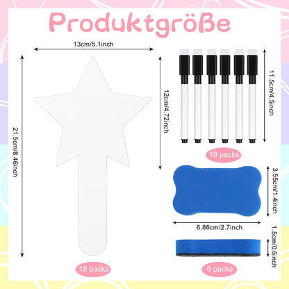 18 PCS Star Shape Dry Erase Answer Paddles Handheld Double Sided Paddles Mini White Boards with 18 Black Markers 6 Erasers, Dry Erase Signs for Teaching Office Meeting Voting Bridal Shower Games