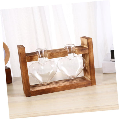 PRETYZOOM 2Pcs Retro Heart Shaped Hydroponics Planter with Wooden Rack Glass Vases for Flower Arrangement and Green Plant Propagation Temperature Resistant Decorative Terrarium for Home