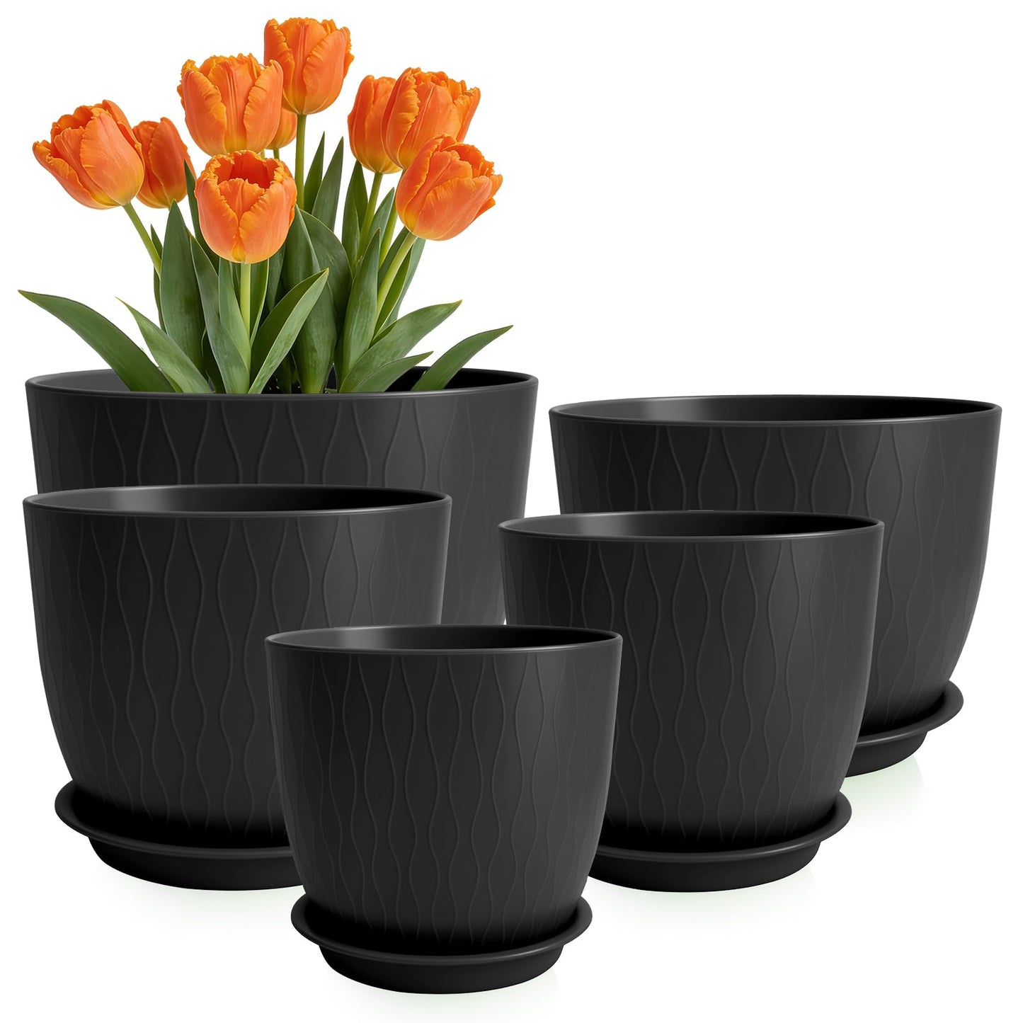 GARDIFE Plant Pots 10/9/8/7.5/7 Inch Plant Pots, Set of 5 Plastic Planters with Drainage Holes and Saucers,Plastic Flower Pots,Nursery Planting Pot for Indoor Out Door Plants (Black)
