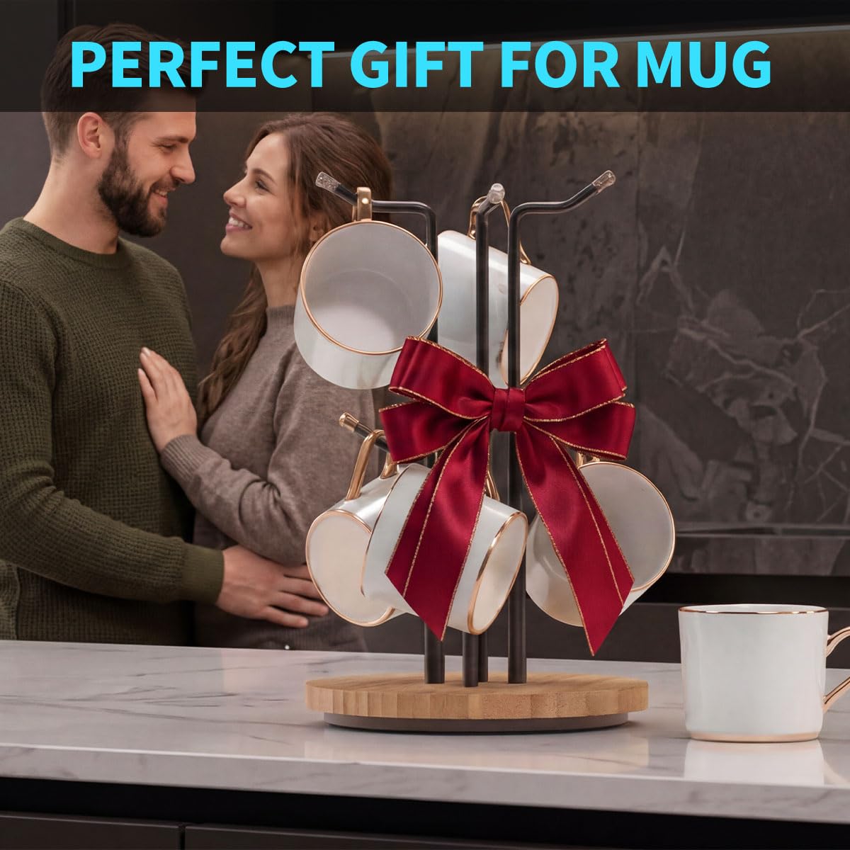 BTWDAEX Counter Coffee Mug Holder with 6 Hooks, 360° Rotating Mug Tree for Large Cups, Kitchen Counter Decor Metal Coffee Cup Rack Stand for Countertop with Stable Wooden Base