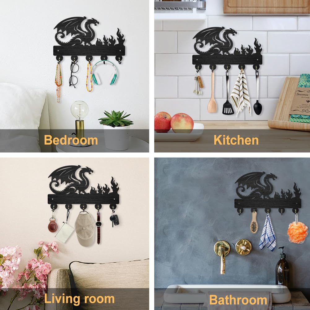 INFUNLY Dragon Black Wooden Key Holder for Halloween 7.9"×11.8" Flame Key Holder Wall Mount Dragon Key Holder Rack with 5 Hooks Key Organizer Rack Hanger for Home Entryway Living Room Bags Umbrella