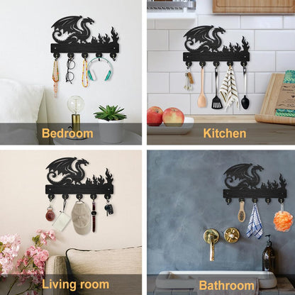 INFUNLY Dragon Black Wooden Key Holder for Halloween 7.9"×11.8" Flame Key Holder Wall Mount Dragon Key Holder Rack with 5 Hooks Key Organizer Rack Hanger for Home Entryway Living Room Bags Umbrella