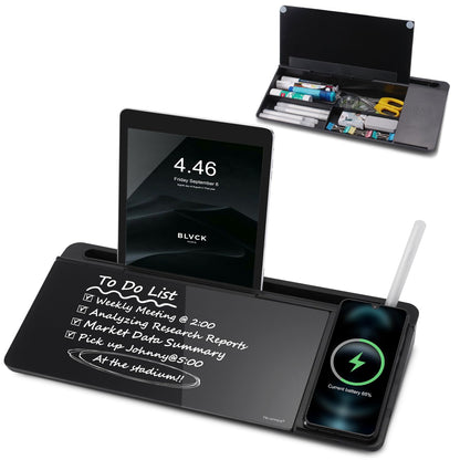 Small Glass Desktop Whiteboard Dry-Erase-Board - Computer Keyboard Stand with Wireless Charger White Board Surface Pad with Drawer, Desk Organizers with Accessories for Office, Home, School Supplies