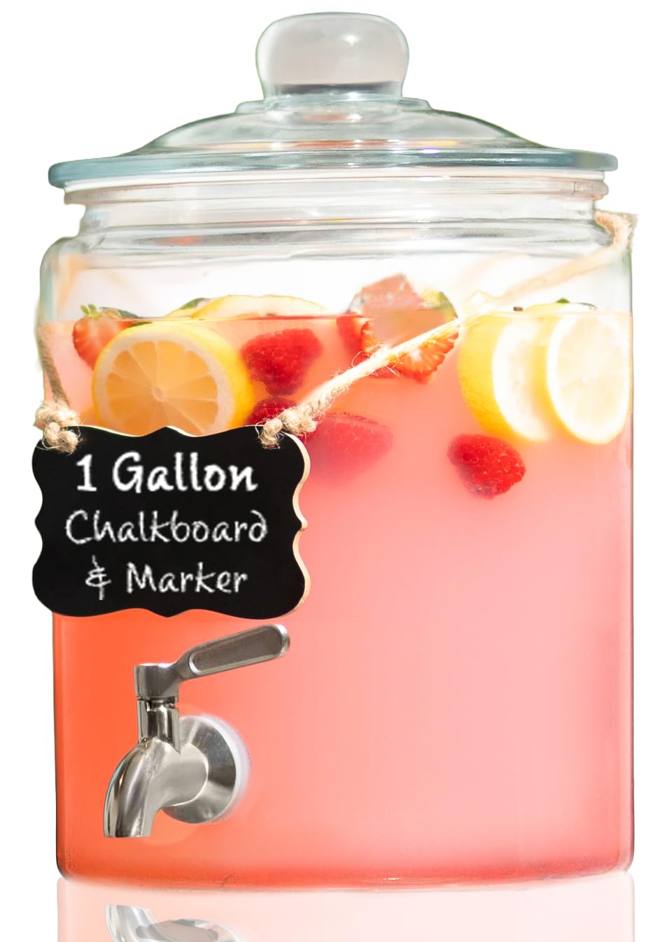 1 Gallon Beverage Dispenser with Stainless Steel Spigot + Marker & Chalkboard 100% Leakproof Glass Drink Dispenser for Parties with Spout, Airtight Beverage Serveware for Water, Juice, Laundry