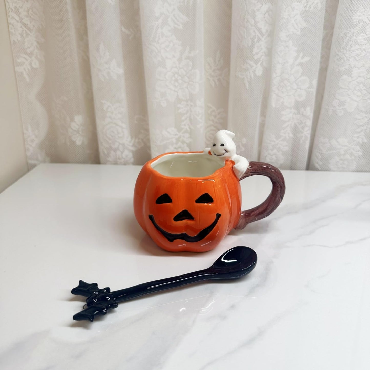 Minigift Ceramic Tea Cup and Saucer Set ，6oz 3D Hand-painted Pumpkin and White Ghost Coffee Mug ，Halloween Home Decoration，Gift