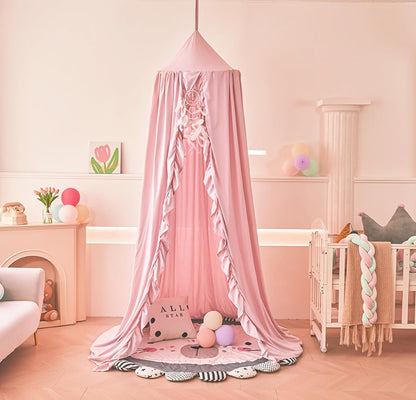 Mengersi Bed Canopy for Girls,Ruffled Canopy Bed Curtains Canopy for Girls Room,Hanging Canopy Princess Play Tent for Reading Nook Play Room Decor (Beige Pink)