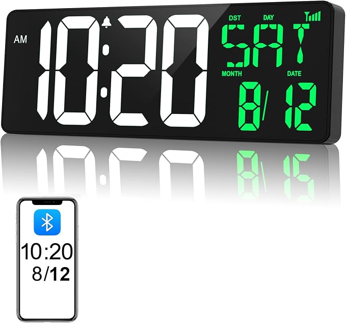 17 Inch Digital Wall Clock Large Display Bluetooth Sync Time, Auto-Dimming Large Digital Wall Clock with Remote, Date/Week/Temperature/DST, Plug-in Digital Clock for All Spaces Use, Gift